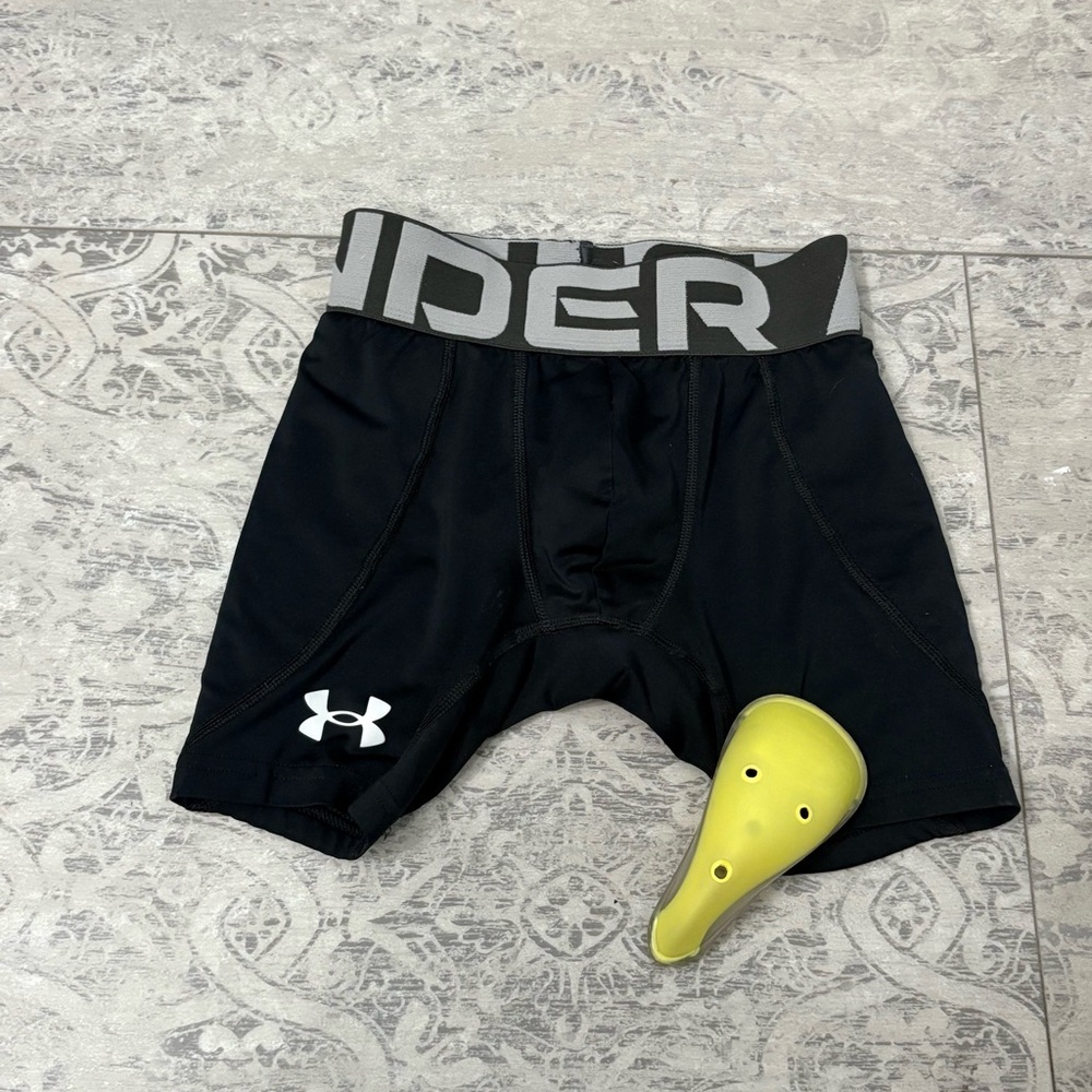 Under Armour Youth Black Compression Sliding Shorts + Protective Cup | SZ XS